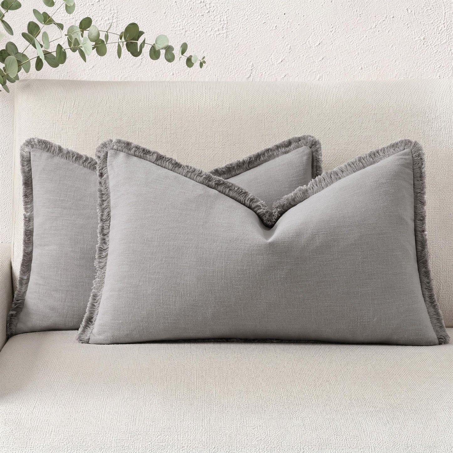 Neutral Linen Fringe Boho Pillow Covers Set of 2