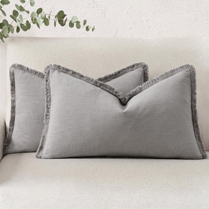 Neutral Linen Fringe Boho Pillow Covers Set of 2