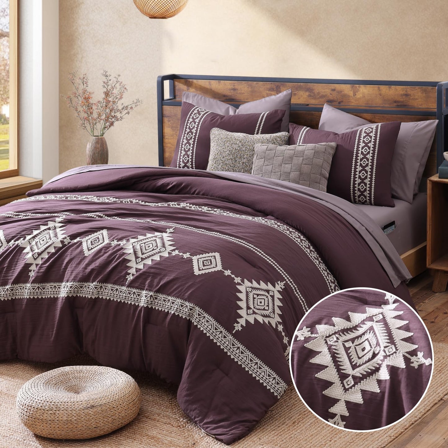 Boho Embroidered Bedding Set with Sheets and Shams