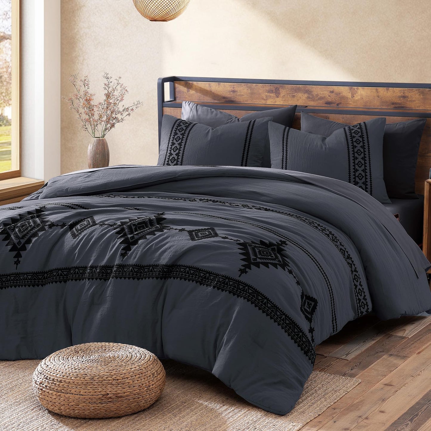 Boho Embroidered Bedding Set with Sheets and Shams