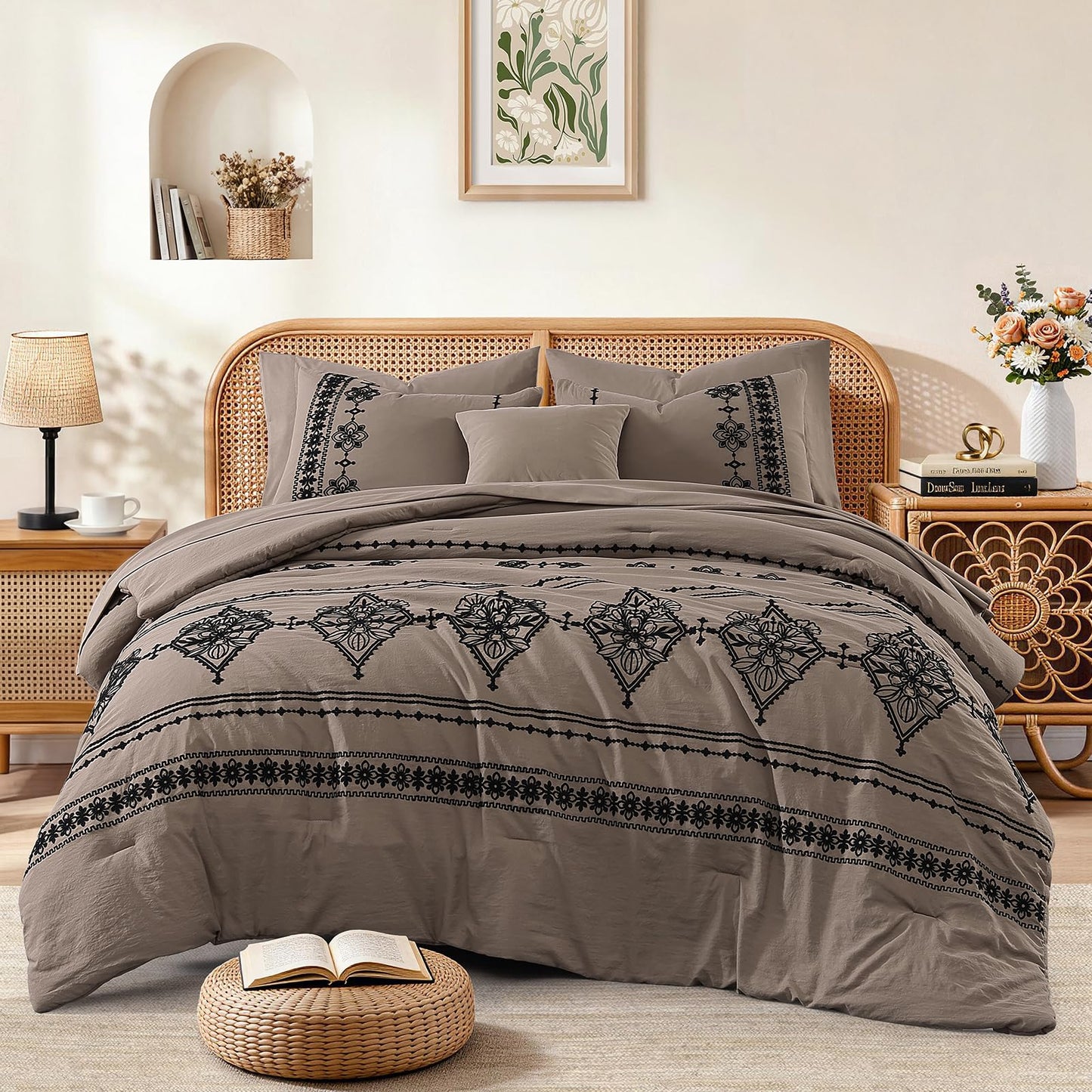 Boho Embroidered Bedding Set with Sheets and Shams