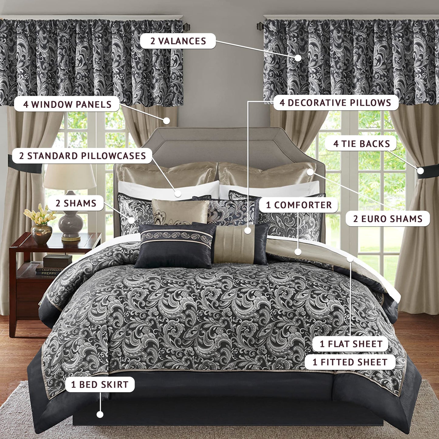 Paisley Comforter Set with Curtains 24-Piece Bedding