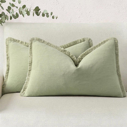 Neutral Linen Fringe Boho Pillow Covers Set of 2