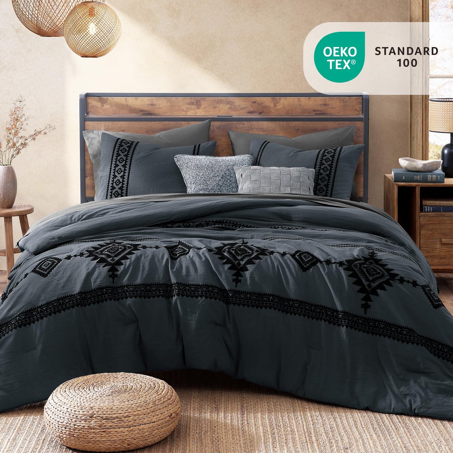 Boho Embroidered Bedding Set with Sheets and Shams
