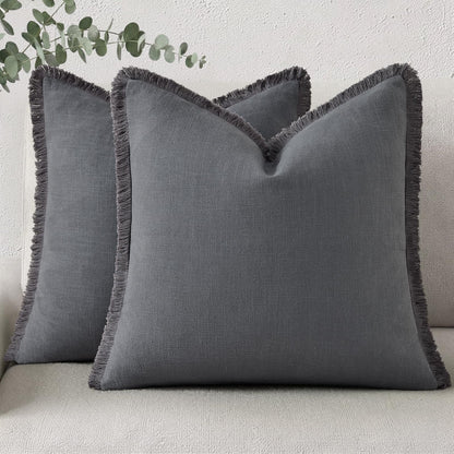 Neutral Linen Fringe Boho Pillow Covers Set of 2