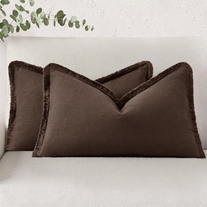 Neutral Linen Fringe Boho Pillow Covers Set of 2