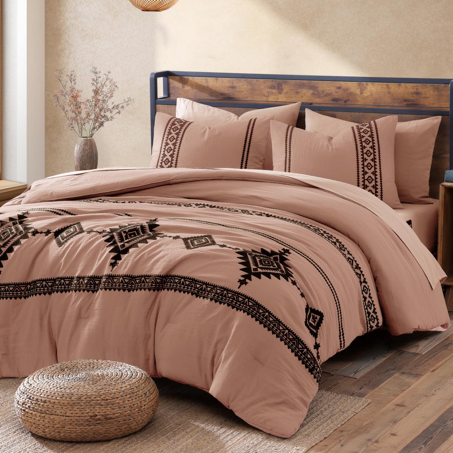 Boho Embroidered Bedding Set with Sheets and Shams