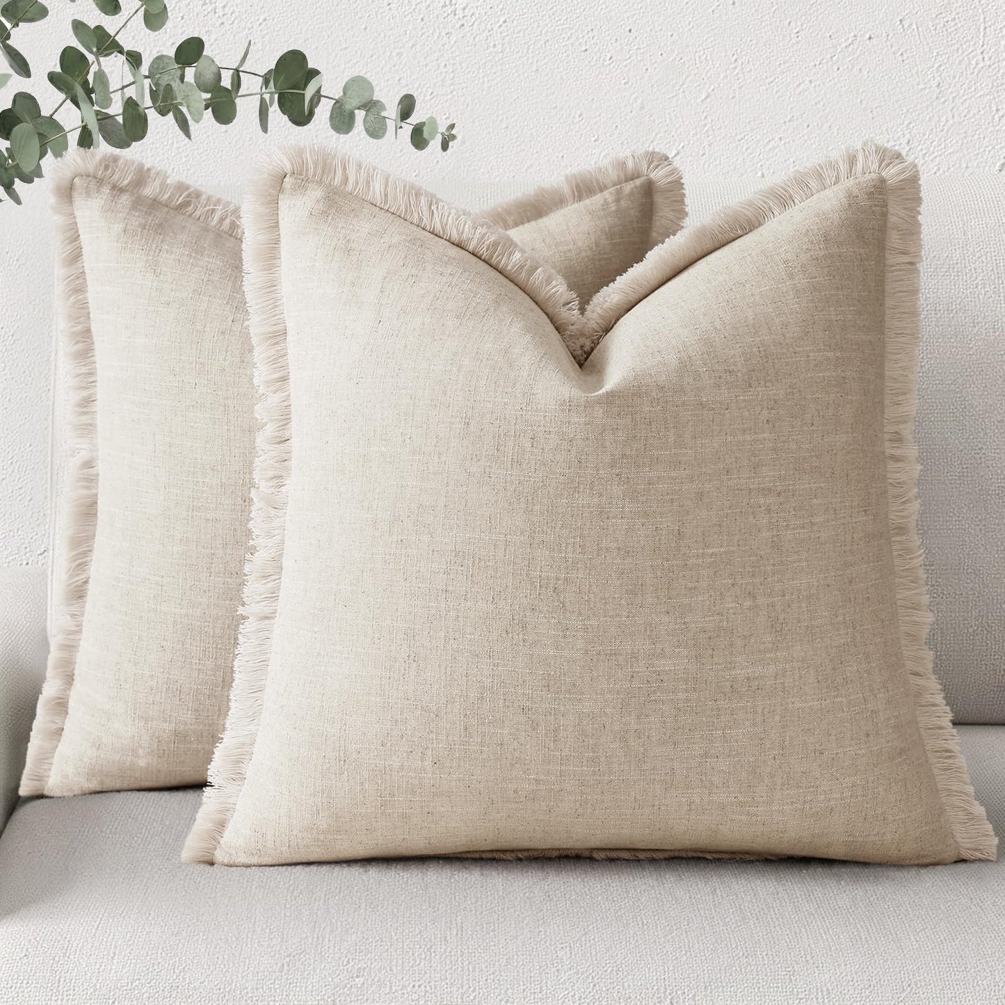 Neutral Linen Fringe Boho Pillow Covers Set of 2