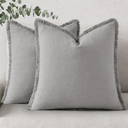 Neutral Linen Fringe Boho Pillow Covers Set of 2
