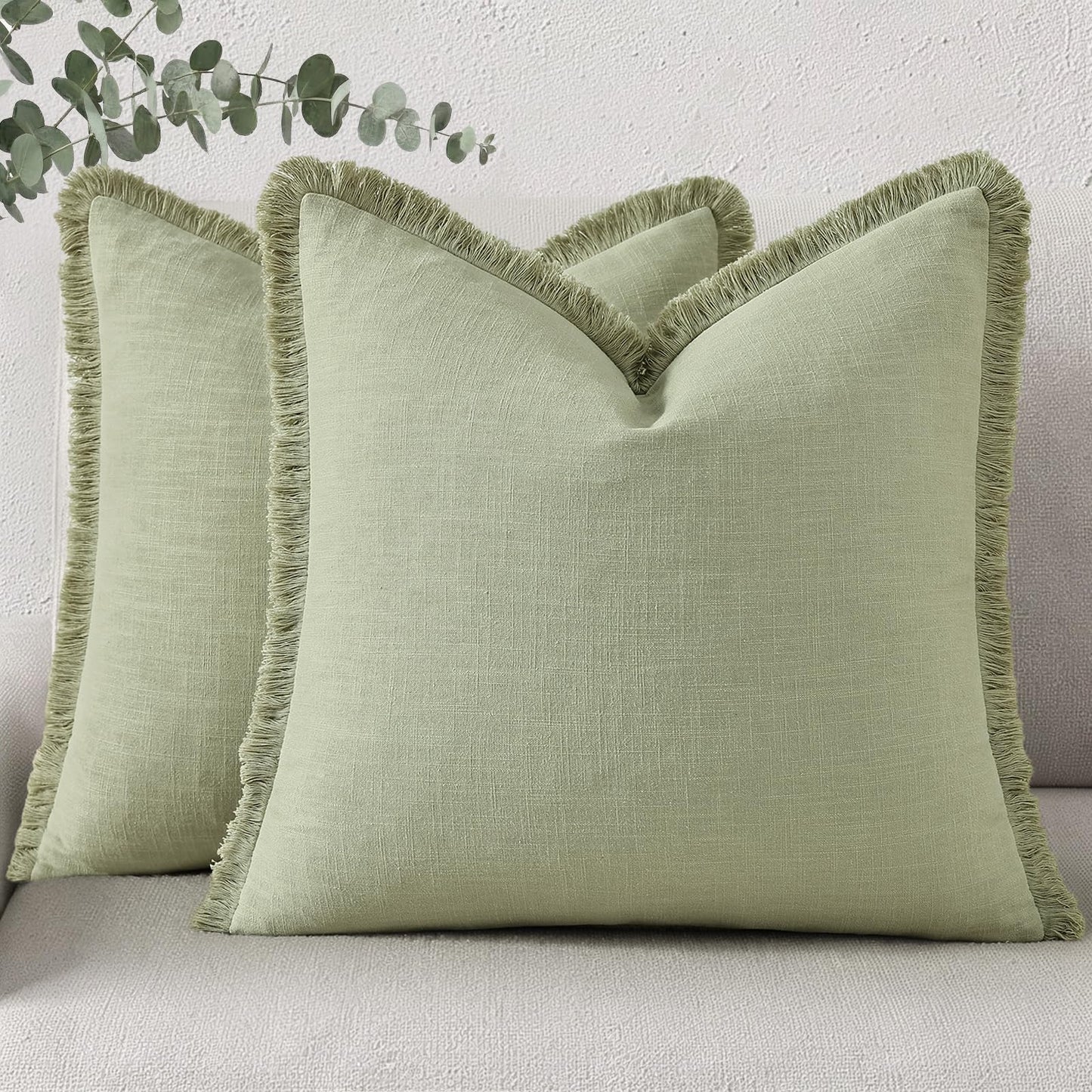 Neutral Linen Fringe Boho Pillow Covers Set of 2