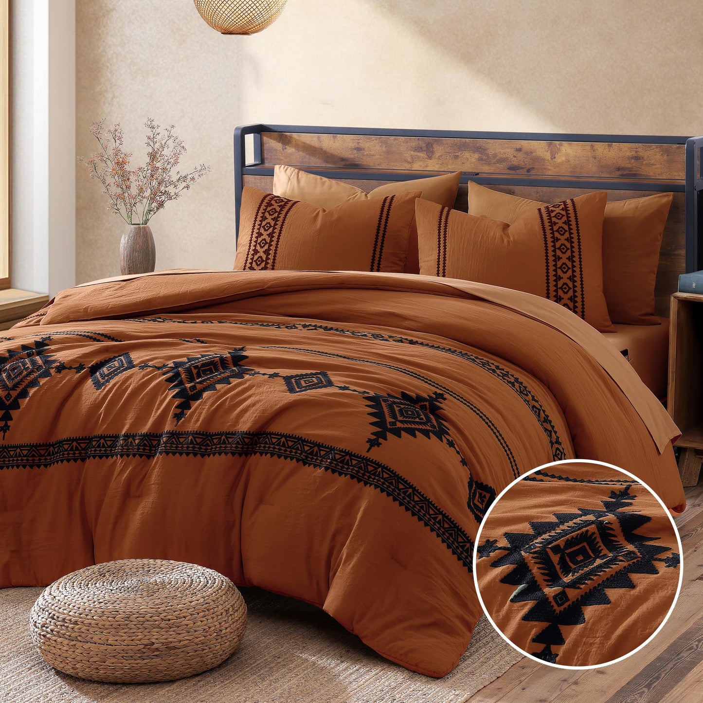Boho Embroidered Bedding Set with Sheets and Shams