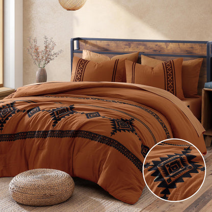 Boho Embroidered Bedding Set with Sheets and Shams